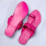 Women's Genuine Leather Kolhapuri Chappal - Artistic Punches & Flower In Pink Color