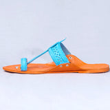 Artistic Kolhapuri Chappals: Punches & Flower In Orange-Blue Color