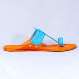Artistic Kolhapuri Chappals: Punches & Flower In Orange-Blue Color