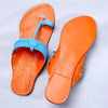 Women's Genuine Leather Kolhapuri Chappal - Artistic Punches & Flower In Orange Blue Color