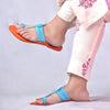 Women's Genuine Leather Kolhapuri Chappal - Artistic Punches & Flower In Orange Blue Color