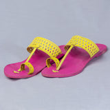 Women's Genuine Leather Kolhapuri Chappal - Pink Yellow Punch T-Strand