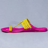 Women's Genuine Leather Kolhapuri Chappal - Pink Yellow Punch T-Strand