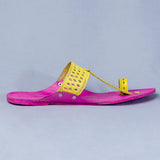 Women's Genuine Leather Kolhapuri Chappal - Pink Yellow Punch T-Strand