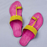 Women's Genuine Leather Kolhapuri Chappal - Pink Yellow Punch T-Strand