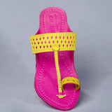 Women's Genuine Leather Kolhapuri Chappal - Pink Yellow Punch T-Strand