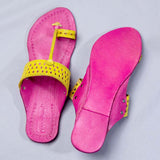 Women's Genuine Leather Kolhapuri Chappal - Pink Yellow Punch T-Strand