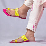 Women's Genuine Leather Kolhapuri Chappal - Pink Yellow Punch T-Strand