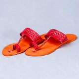 Women's Genuine Leather Kolhapuri Chappal - Orange Red Punch T-Strand