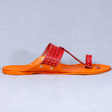 Women's Genuine Leather Kolhapuri Chappal - Orange Red Punch T-Strand