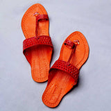 Women's Genuine Leather Kolhapuri Chappal - Orange Red Punch T-Strand