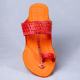 Women's Genuine Leather Kolhapuri Chappal - Orange Red Punch T-Strand