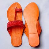 Women's Genuine Leather Kolhapuri Chappal - Orange Red Punch T-Strand