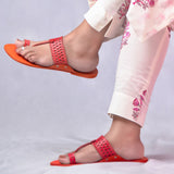 Women's Genuine Leather Kolhapuri Chappal - Orange Red Punch T-Strand