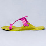 Braided Beauty: Green-Pink Kolhapuri Chappals With Floral Die Punch