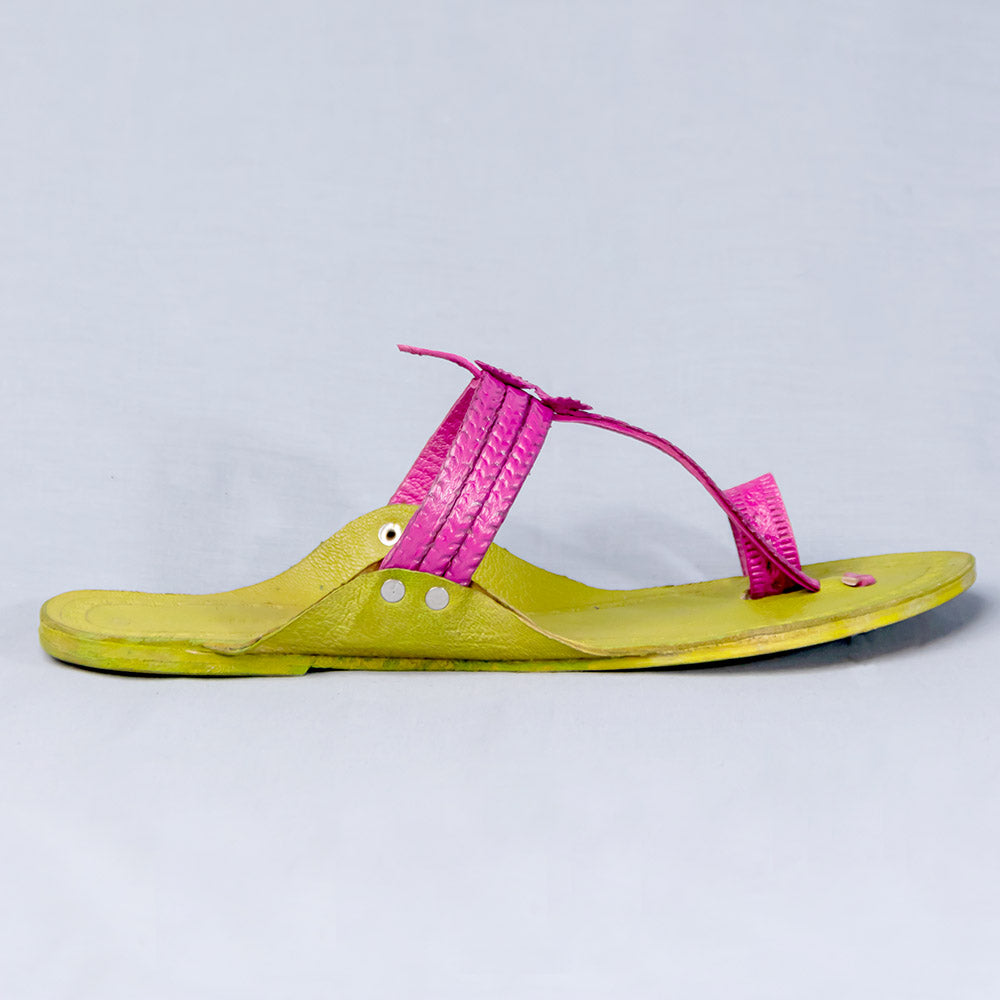 Braided Beauty: Green-Pink Kolhapuri Chappals With Floral Die Punch