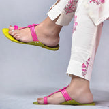 Women's Genuine Leather Kolhapuri Chappal Green Pink