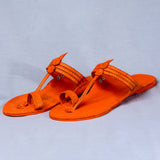 Women's Genuine Leather Kolhapuri Chappal - Braided Beauty Orange with Floral Die Punch