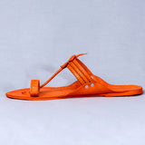 Women's Genuine Leather Kolhapuri Chappal - Braided Beauty Orange with Floral Die Punch