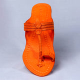 Women's Genuine Leather Kolhapuri Chappal - Braided Beauty Orange with Floral Die Punch