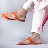 Women's Genuine Leather Kolhapuri Chappal - Braided Beauty Orange with Floral Die Punch