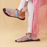 Women's Genuine Leather Kolhapuri Chappals - Classic Black with Sky Blue Accents