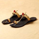 Women's Leather Kolhapuri Chappal - Black with Gold Accents