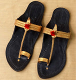 Women's Leather Kolhapuri Chappal - Black with Gold Accents