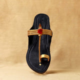 Women's Leather Kolhapuri Chappal - Black with Gold Accents