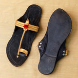 Women's Leather Kolhapuri Chappal - Black with Gold Accents