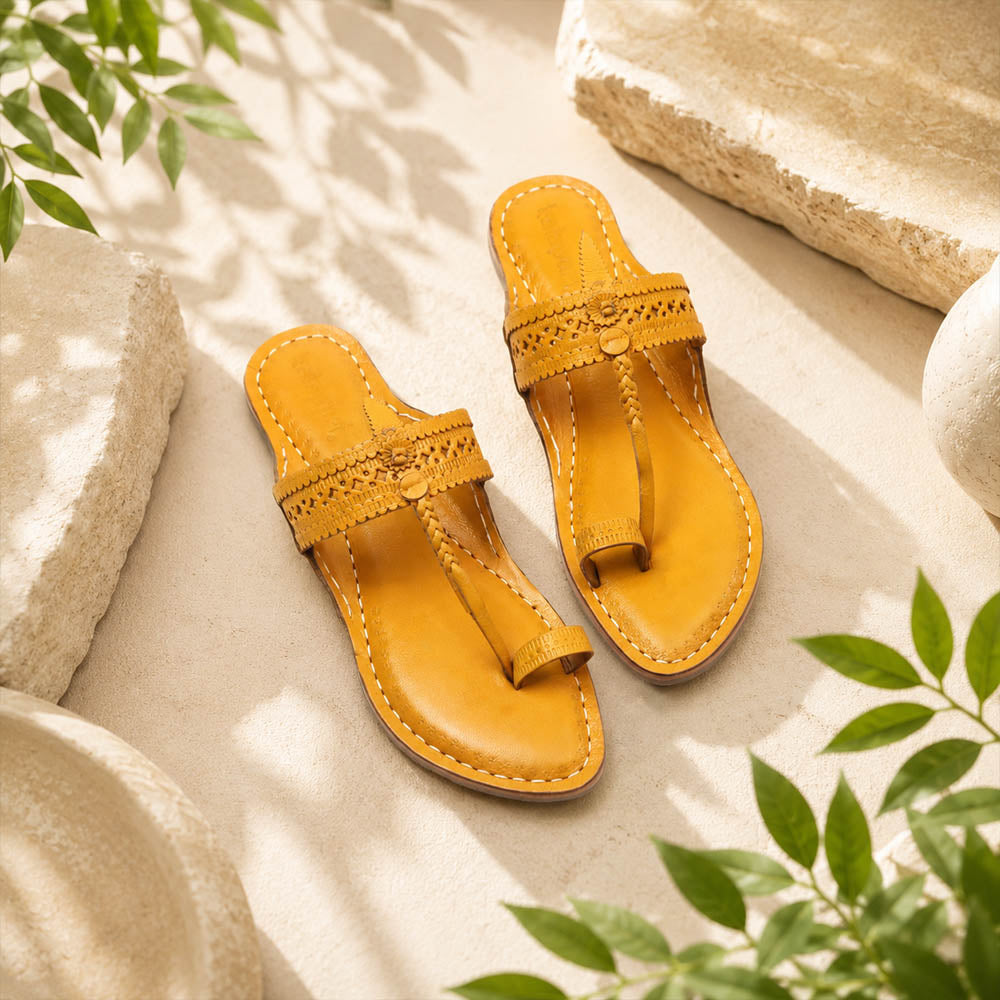 Chandni Chaap Kapshi Indian yellow Kolhapuri chappal for women – view 2