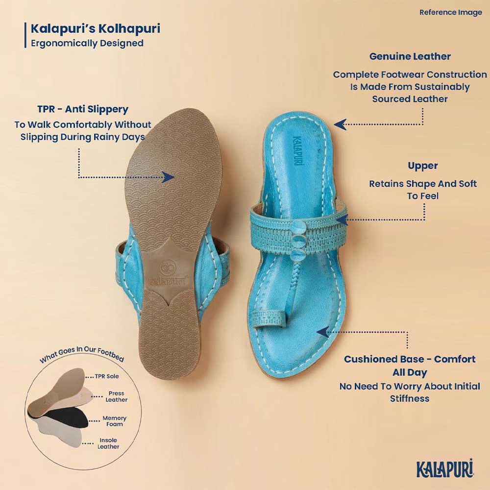 Aakashi Embossed Kapshi sky blue Kolhapuri chappal for women – view 9
