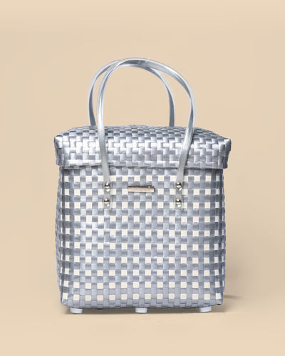 Grey & White Lid-Top Basket – Elegant Handwoven Weave