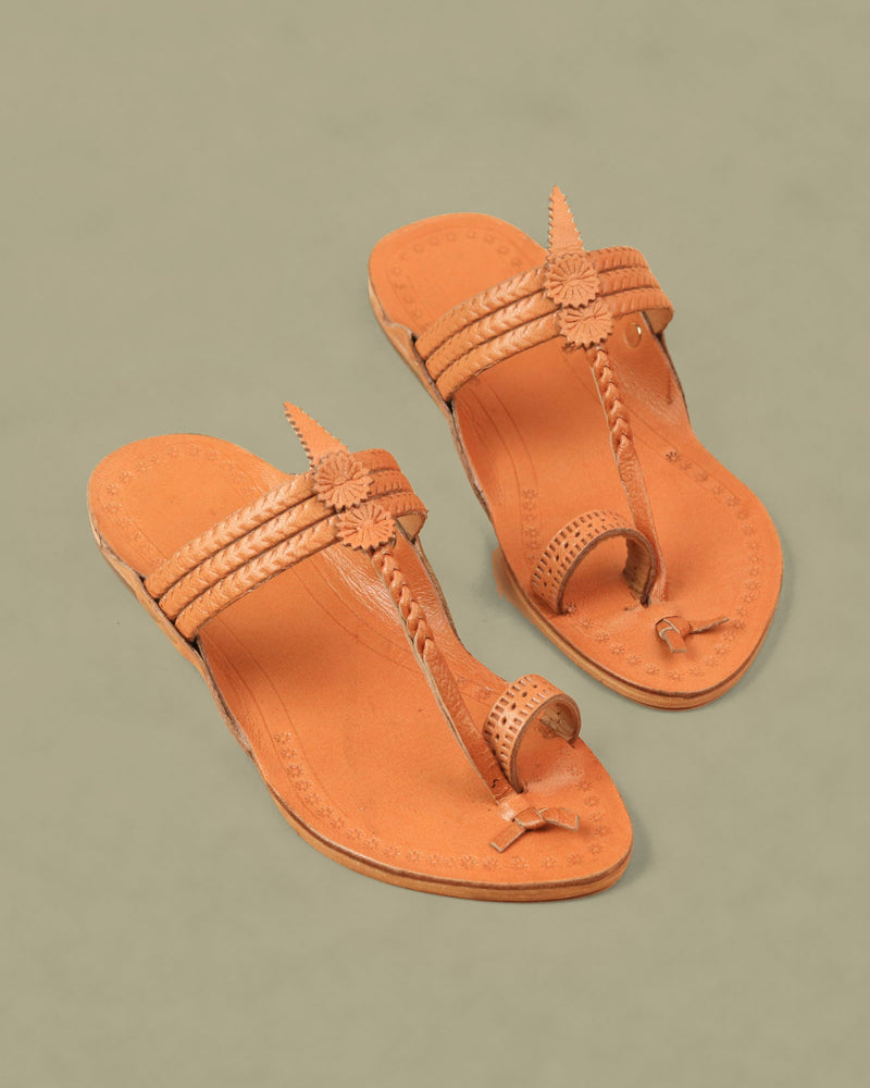 Kids Yellow Leather Kolhapuri Chappal – pair, top view