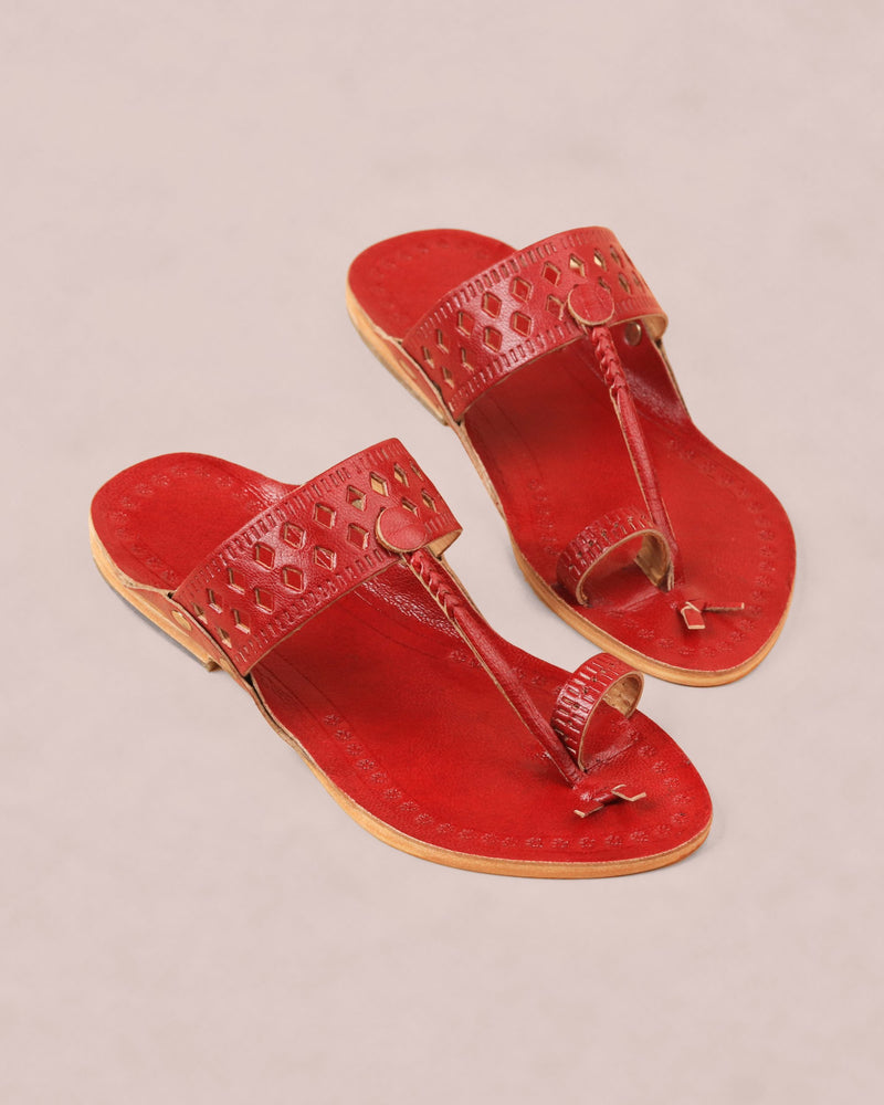 Kids Red Designer Kolhapuri Chappal – pair, top view