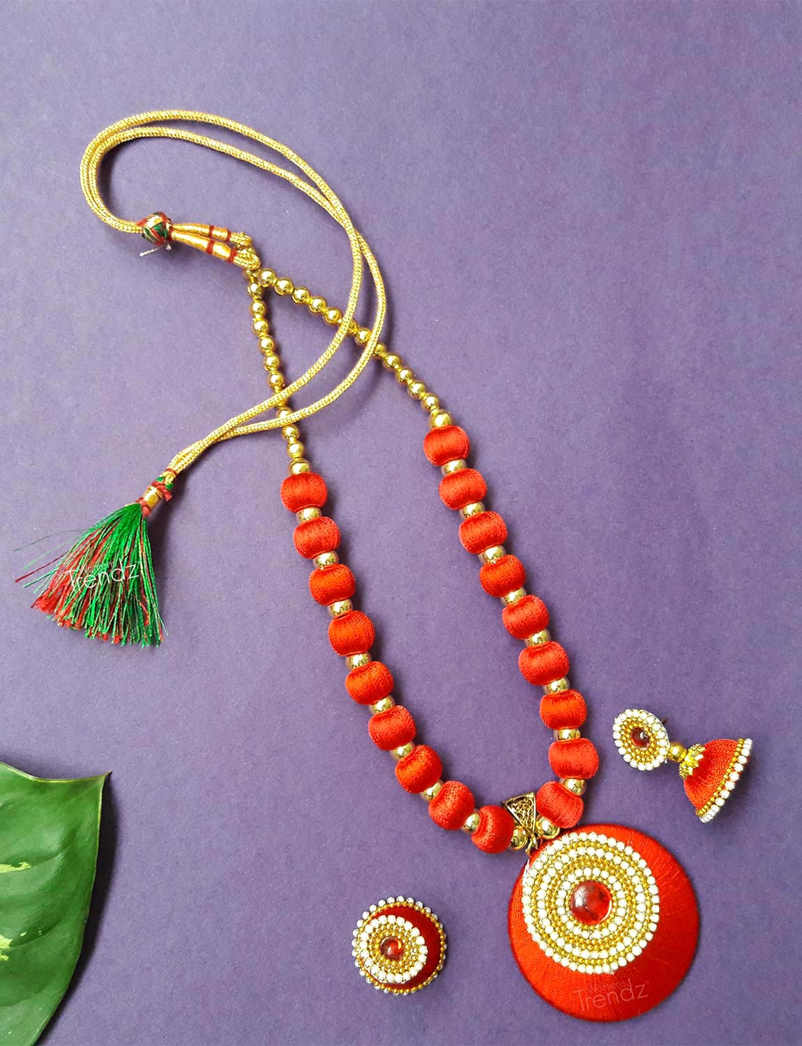 Orange Silk Thread Necklace Set
