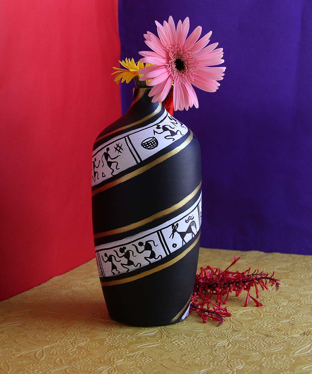 Black Warli Design Terracotta Vase
